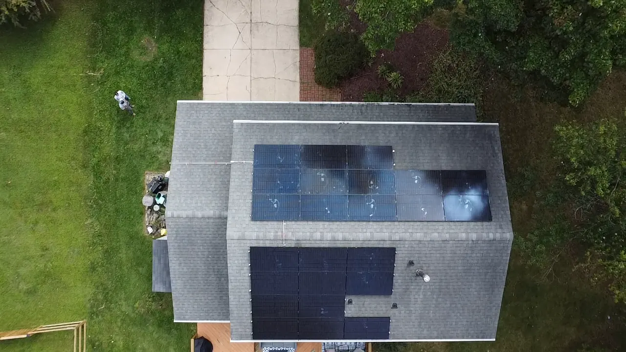Aerial view of rooftop solar panels on a Maryland home