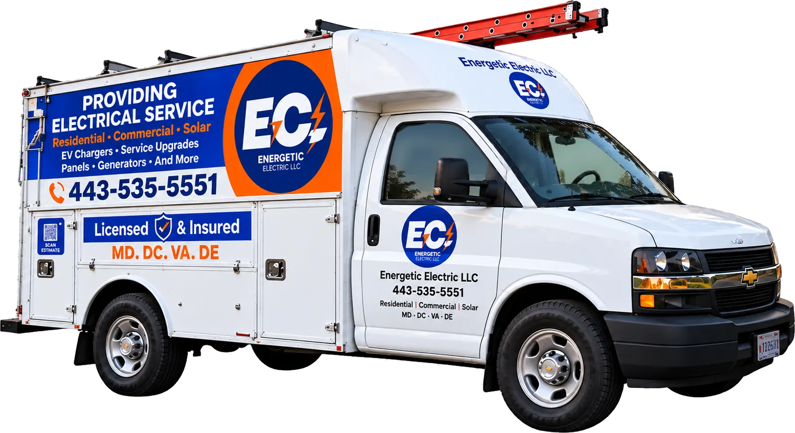 Energetic Electric service truck: residential, commercial, solar, EV chargers, panels and generators